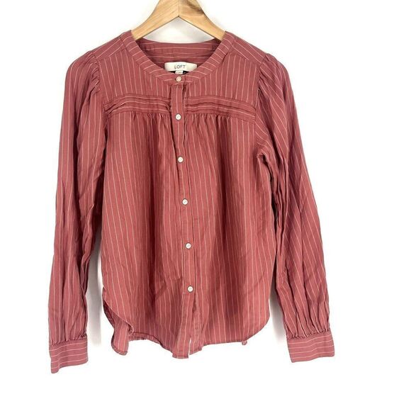 Loft Top Size Small Womens Pink Button Down Striped Pleated Blouse Puff Sleeve - Picture 1 of 7